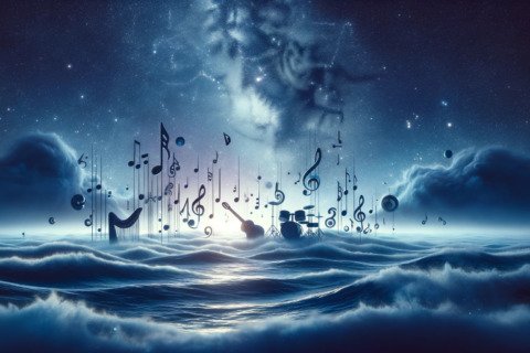 DALL·E 2024-01-14 18.58.34 - A conceptual art piece representing the metaphor of music as an ocean. The image should depict a vast, serene sea under a starry night sky, with music