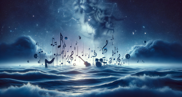 DALL·E 2024-01-14 18.58.34 - A conceptual art piece representing the metaphor of music as an ocean. The image should depict a vast, serene sea under a starry night sky, with music