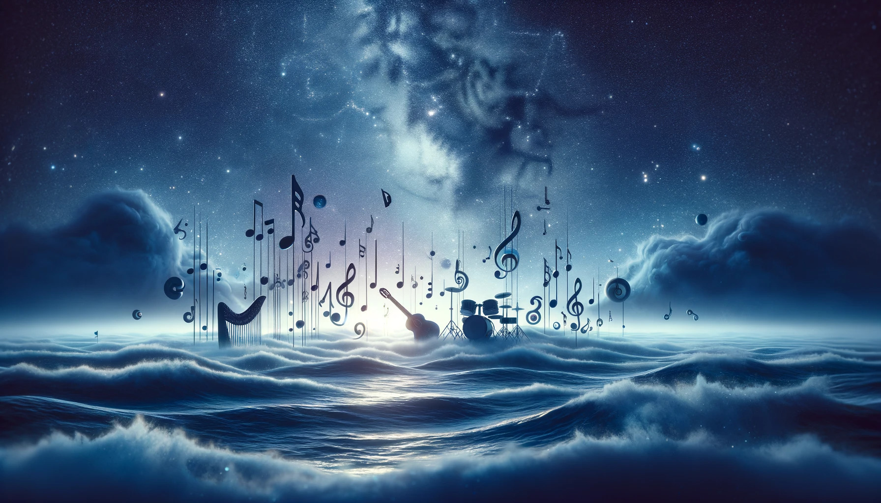 DALL·E 2024-01-14 18.58.34 - A conceptual art piece representing the metaphor of music as an ocean. The image should depict a vast, serene sea under a starry night sky, with music